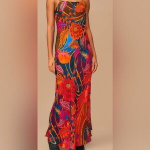 FARM Rio Vintage Wave Multicolor Print Satin Maxi Dress XS brand new with tags